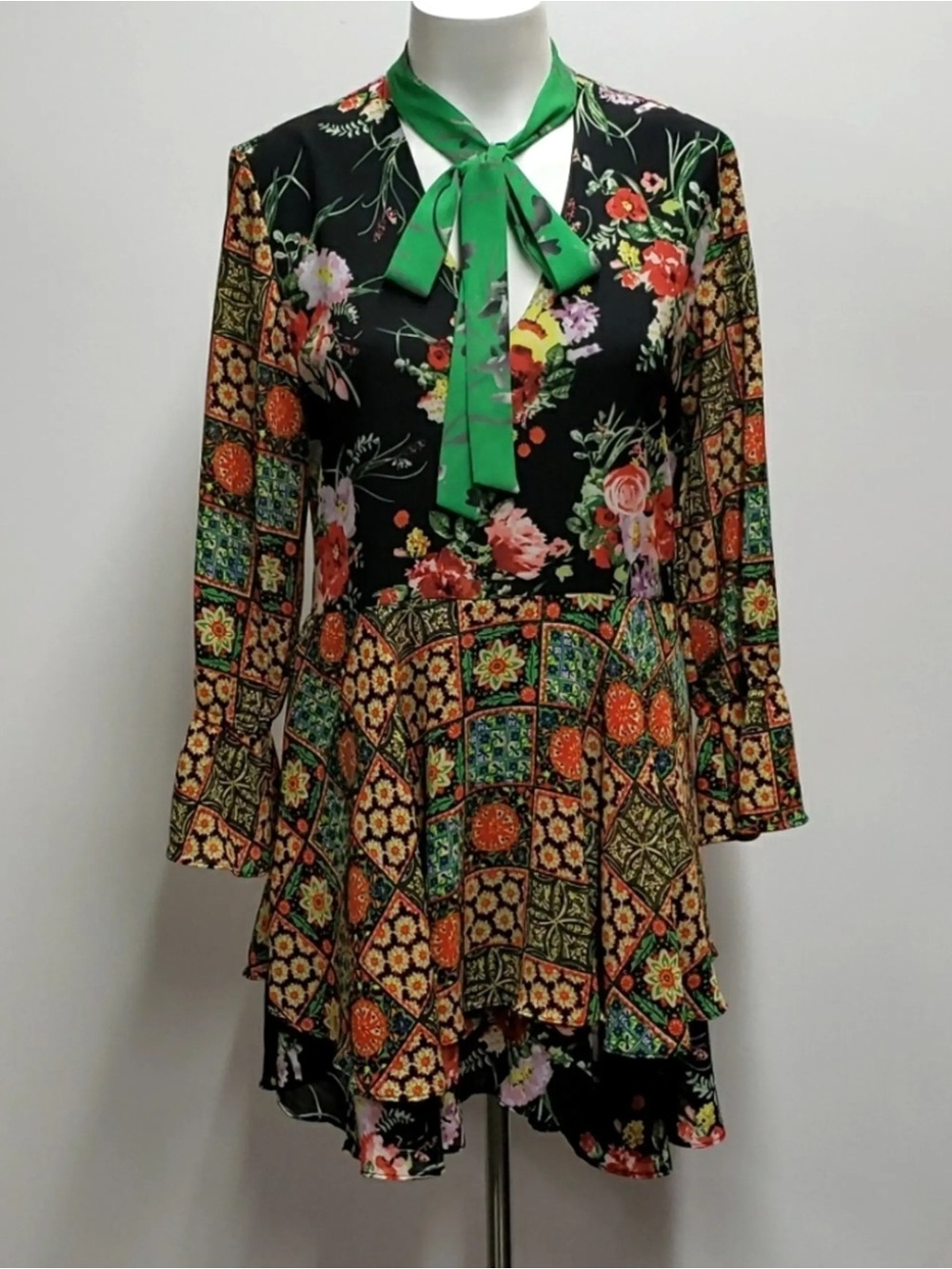 Black Floral & Tile Print Dress with Green Tie Neck